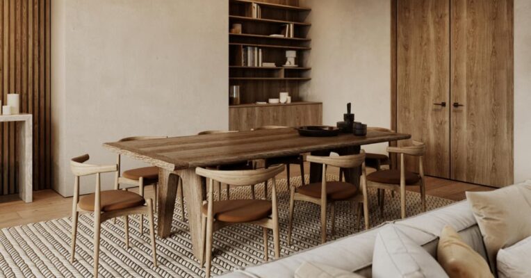 Comedor con mesa y mobiliario de madera sostenible en un interior moderno.